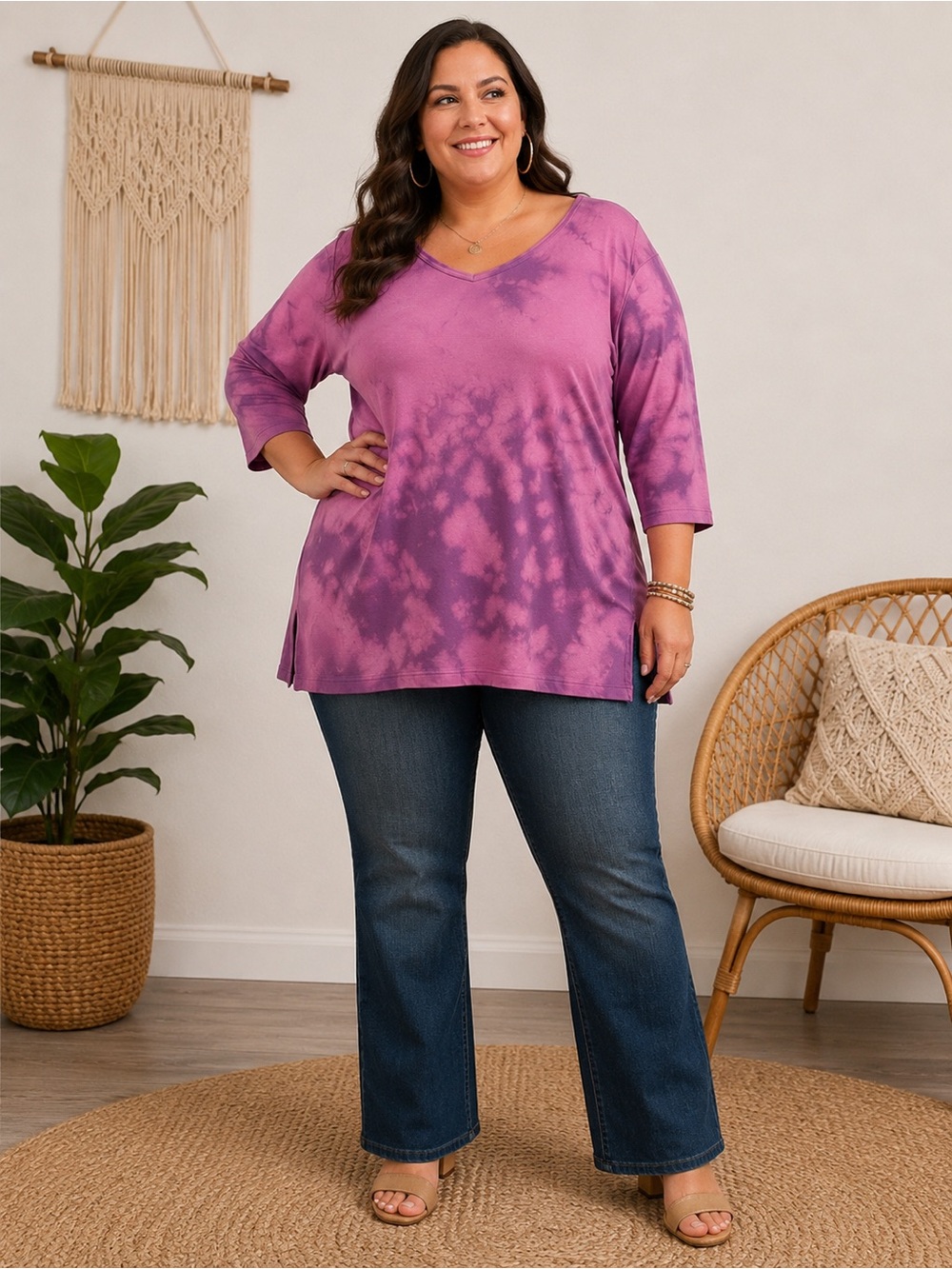 Woman Within Custom Pink/Purple Tie-Dye V-Neck 3/4 length Sleeve Top. Size 4X